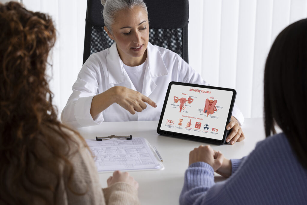 high angle doctor presenting with tablet